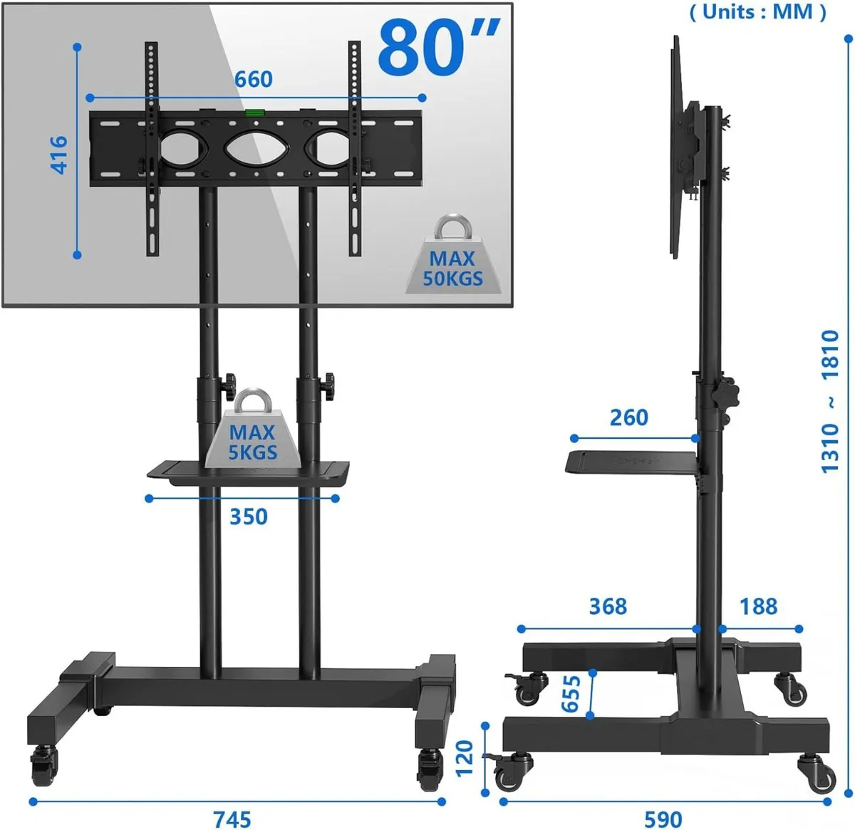 Tall Mobile TV Stand on Wheels for 32-80 - Image 4