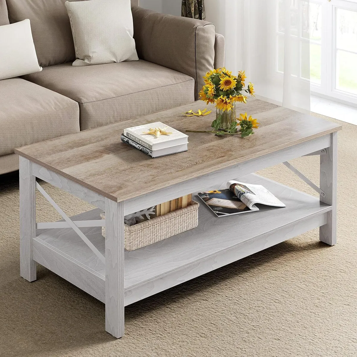 Coffee Table Living Room 2-Tier Thick Wood - Image 1