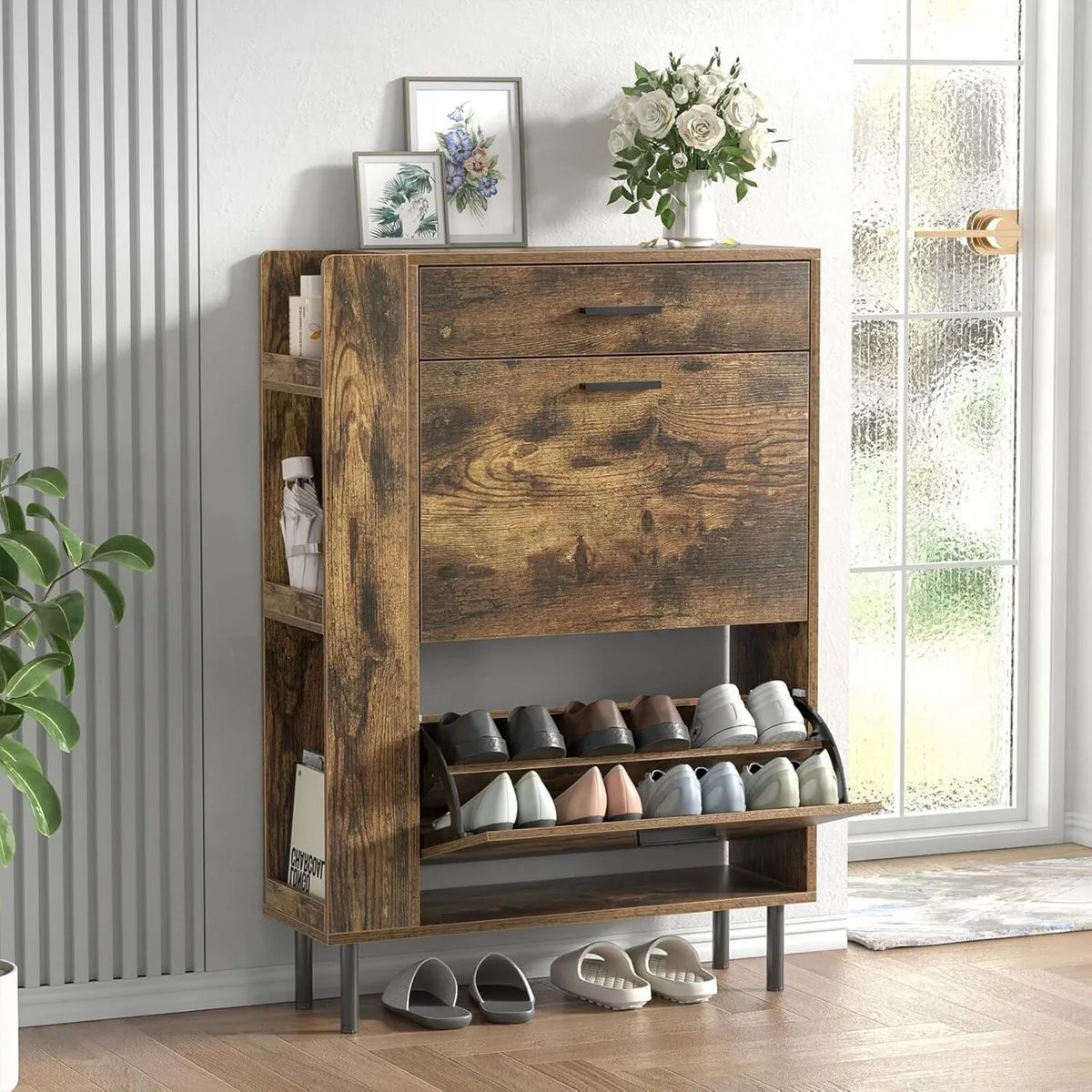 Wooden Shoe Cupboard with 2 Flip Drawers - Image 1
