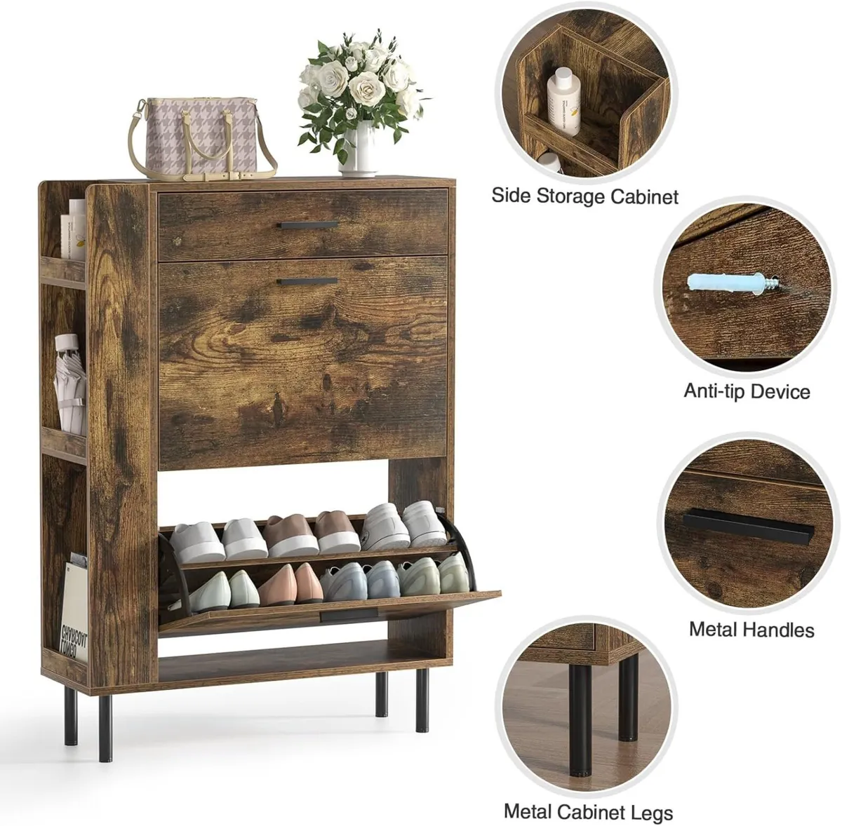 Wooden Shoe Cupboard with 2 Flip Drawers - Image 3