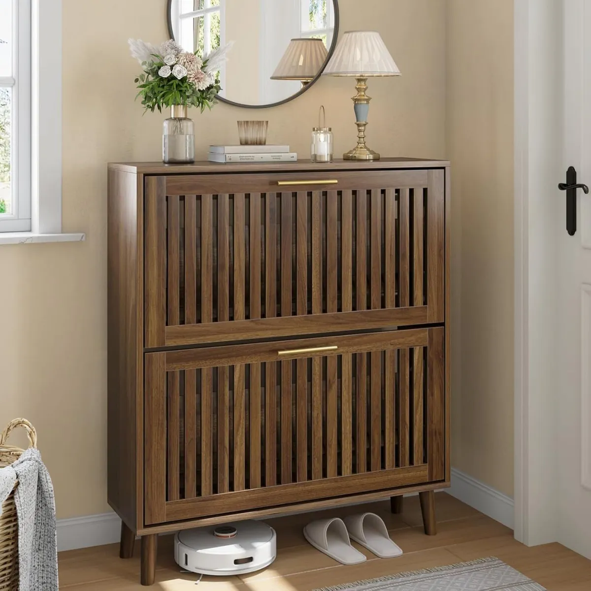 Shoe Storage Cabinet with 2 Flip Slatted Drawers - Image 1