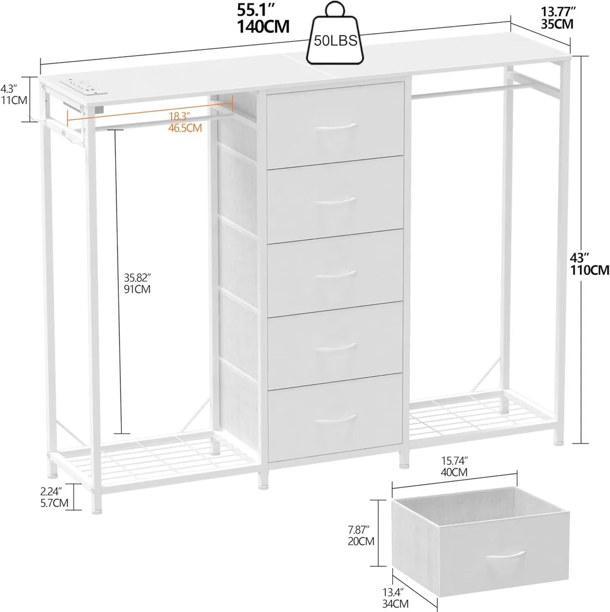 5 Drawer Dresser with Clothes Rack Chest - Image 3
