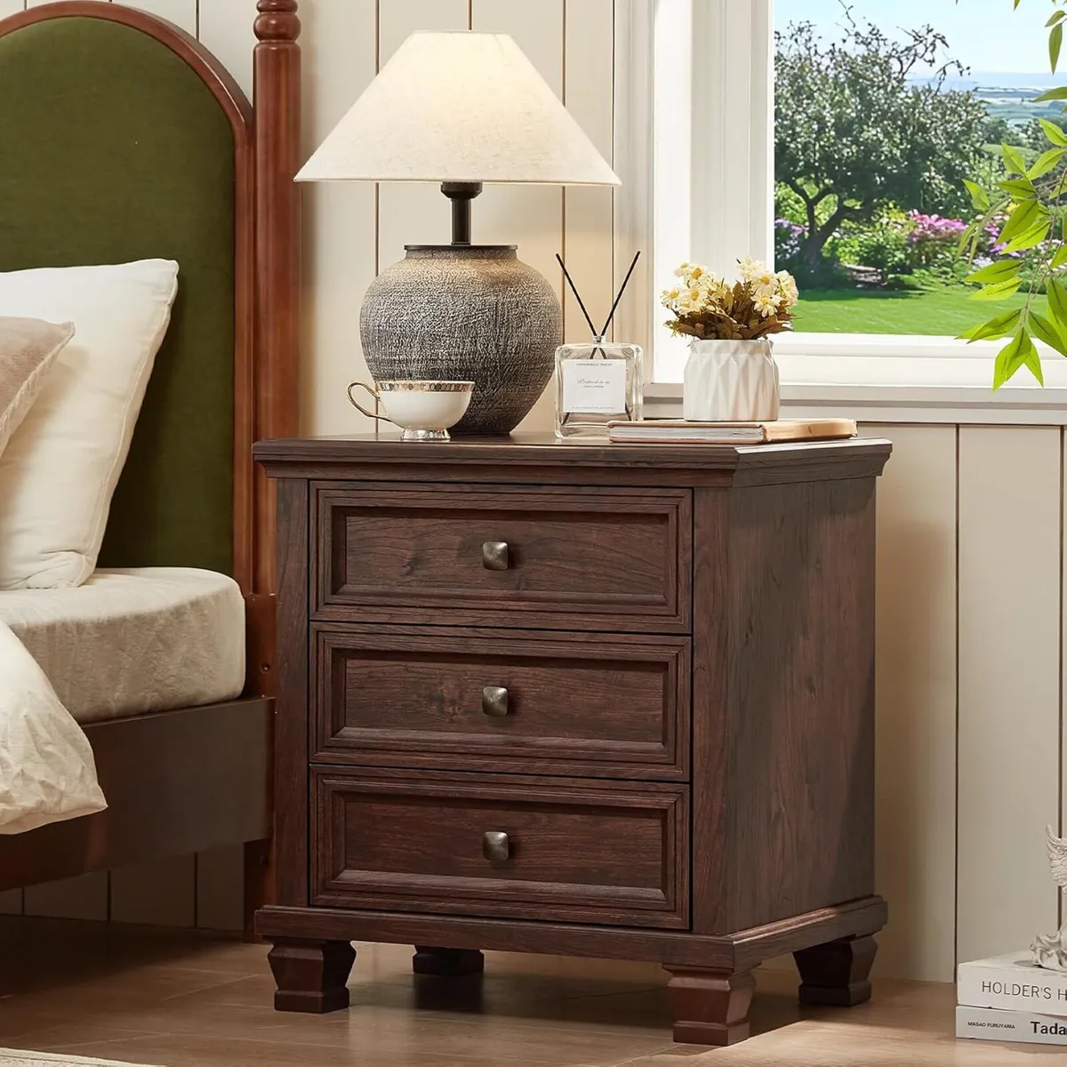 Walnut Bedside Table with 3 Drawers Farmhouse - Image 1