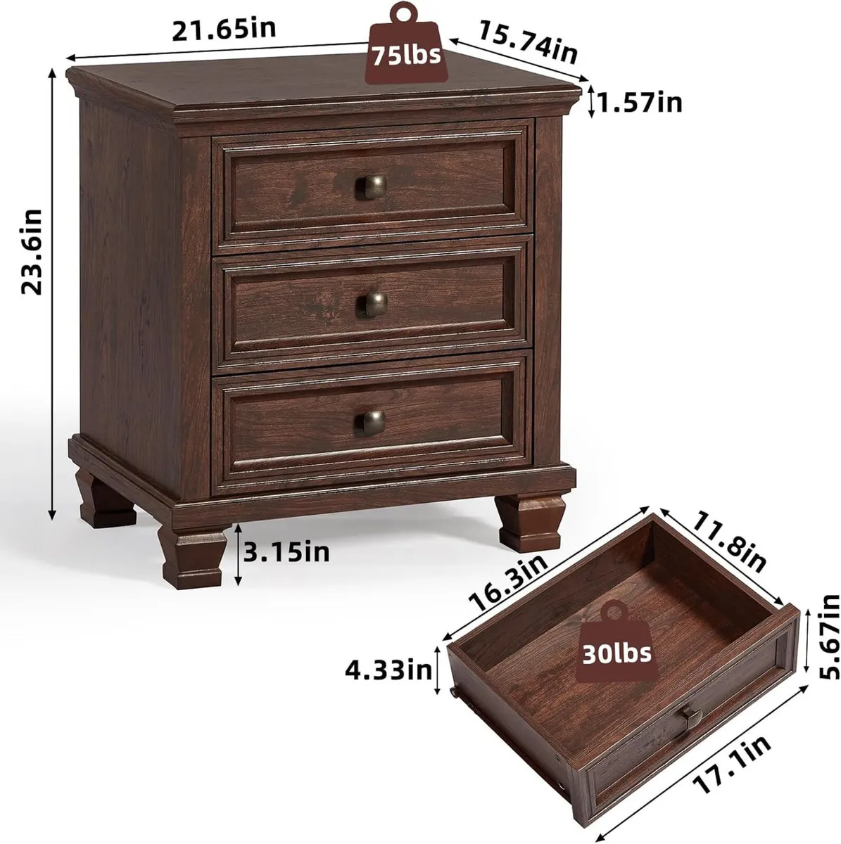 Walnut Bedside Table with 3 Drawers Farmhouse - Image 2