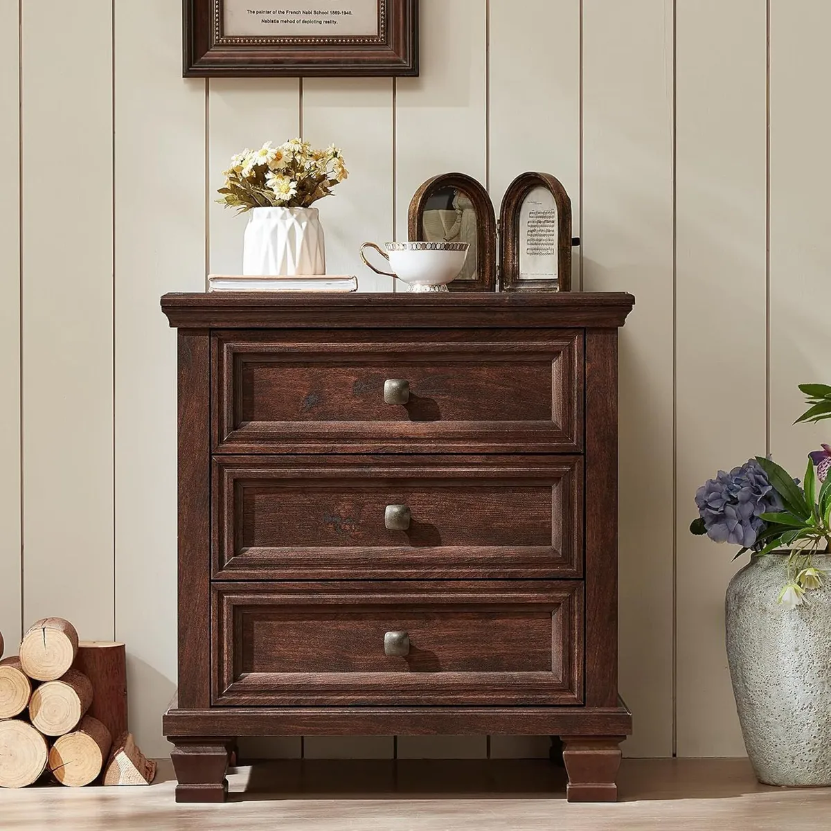 Walnut Bedside Table with 3 Drawers Farmhouse - Image 3