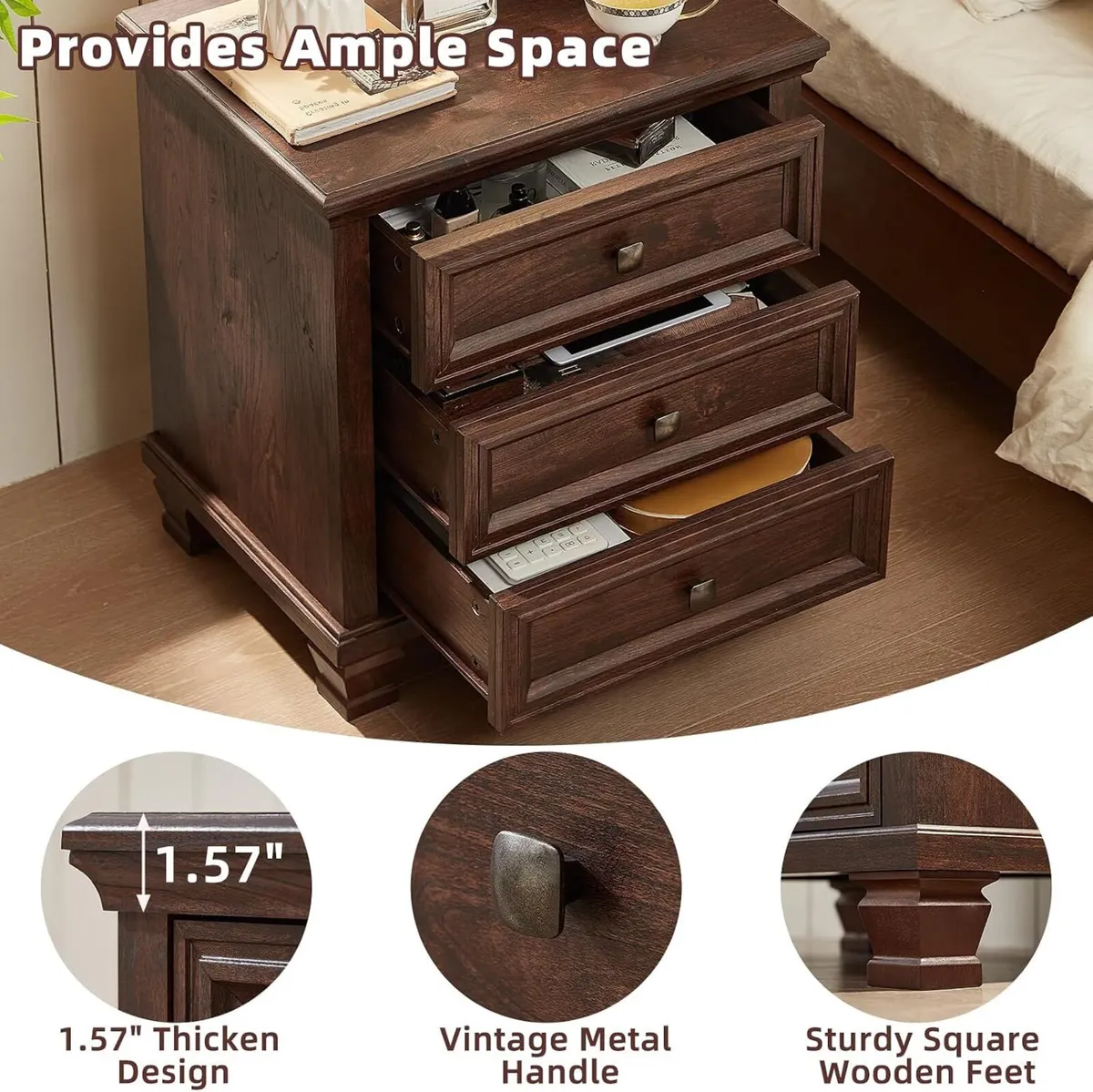 Walnut Bedside Table with 3 Drawers Farmhouse - Image 4