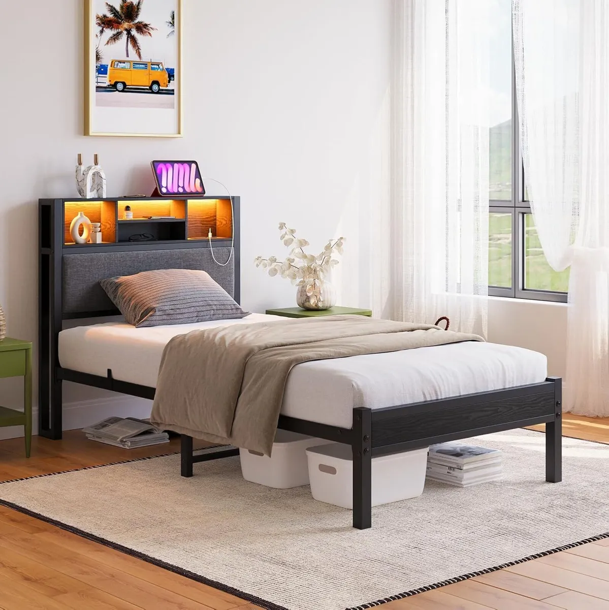 Bed Frame with Storage Shelf Upholstered Headboard - Image 2