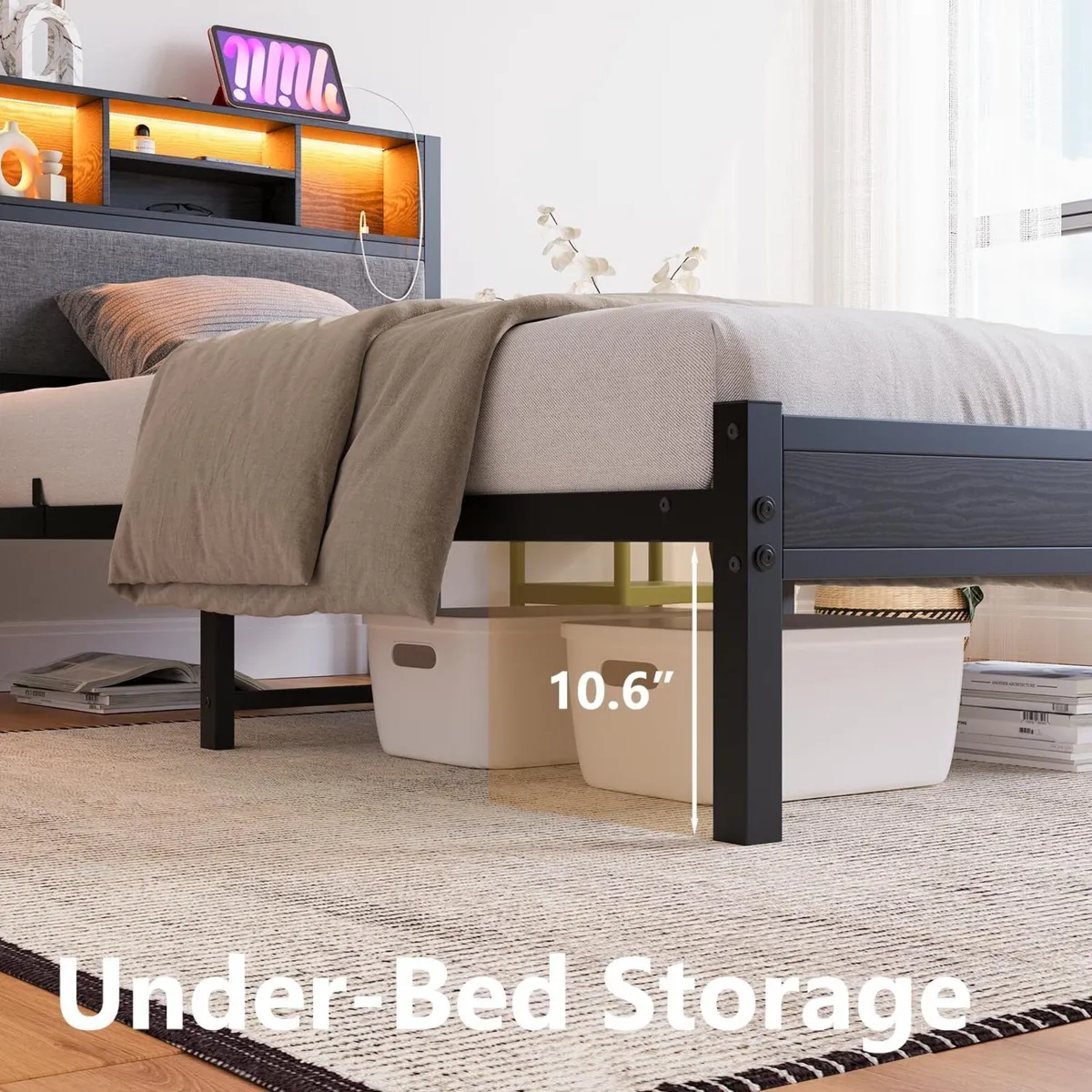 Bed Frame with Storage Shelf Upholstered Headboard - Image 4