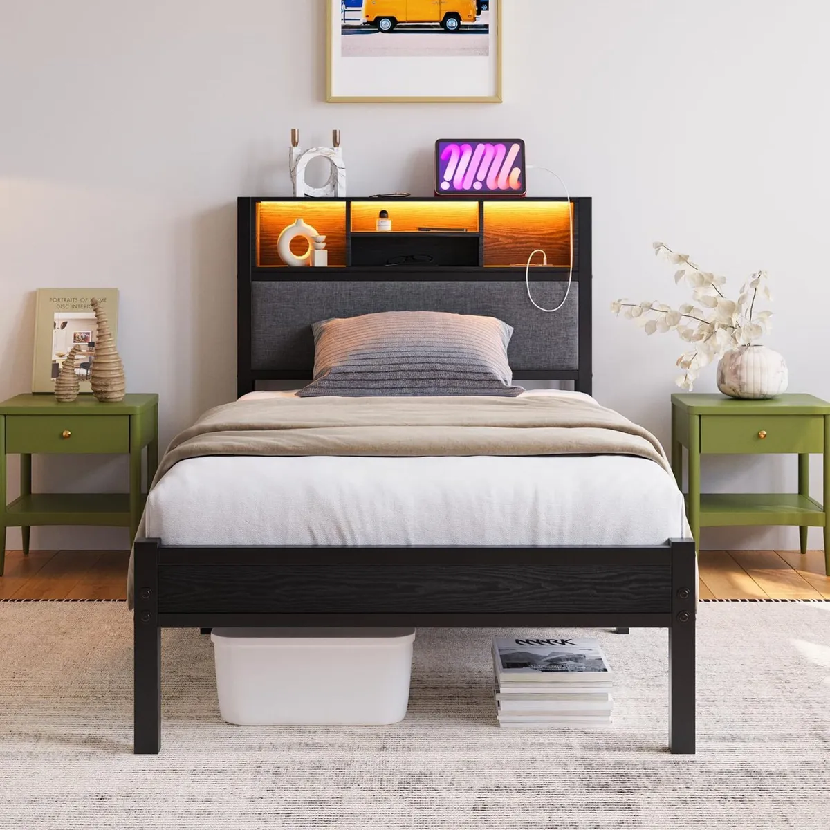Bed Frame with Storage Shelf Upholstered Headboard - Image 1