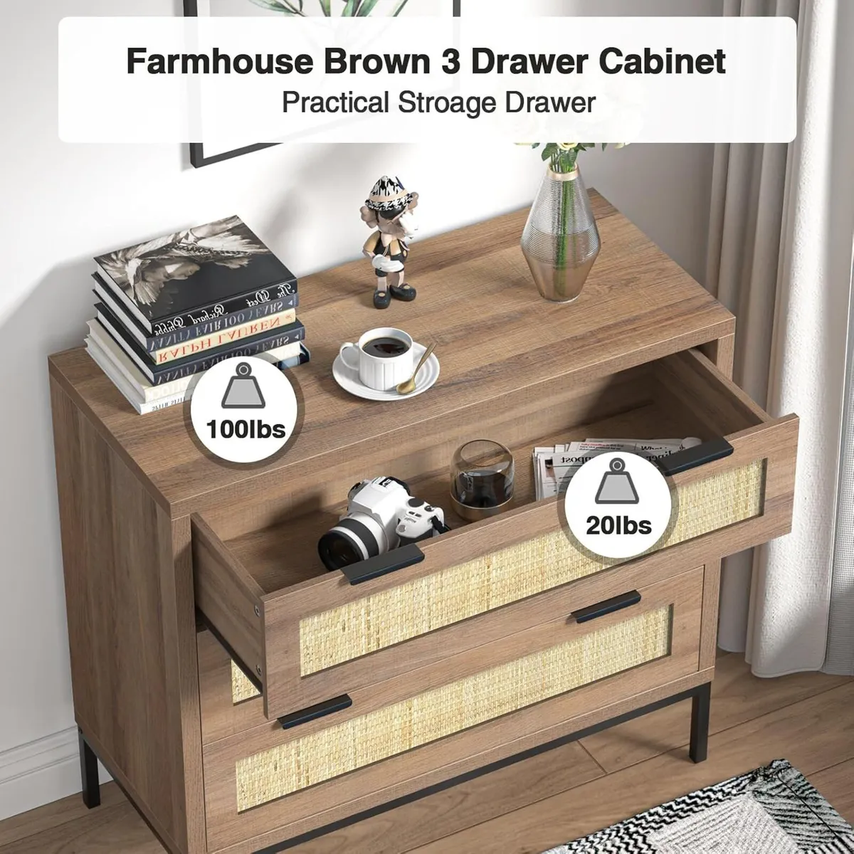 Rattan Chest of Drawers with 3 Storage Organiser - Image 4