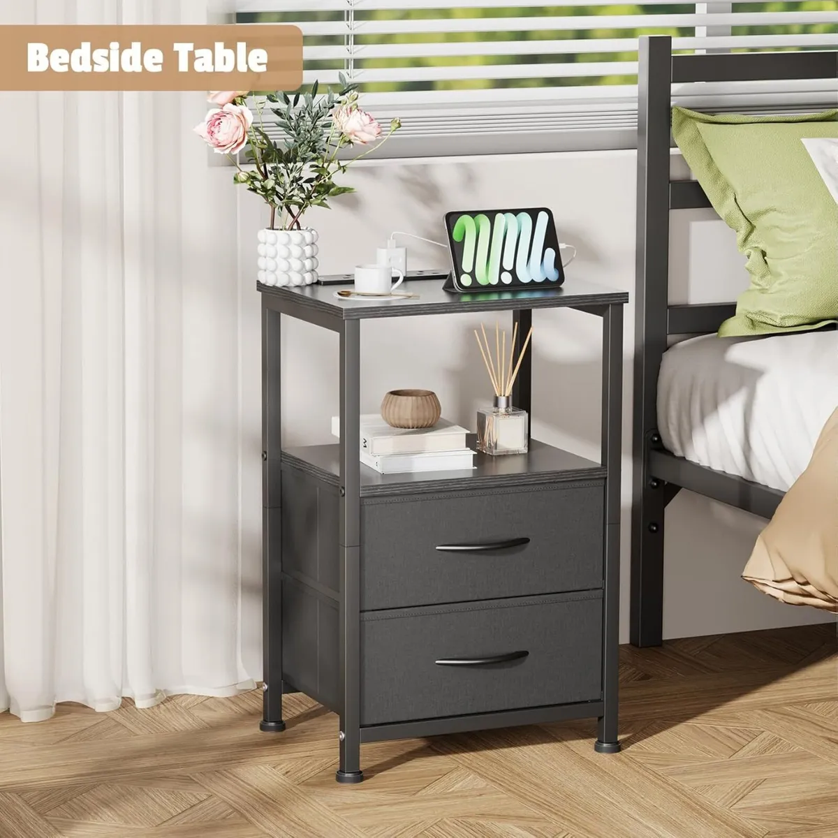 Bedside Table with Charging Station 40CM Wide Bed - Image 2