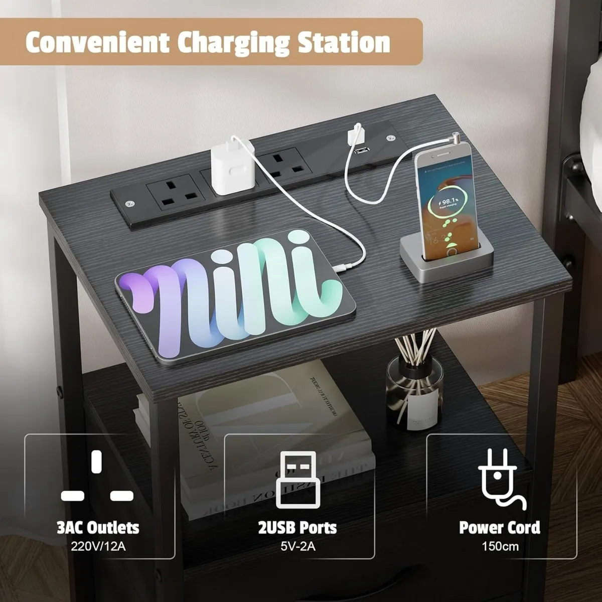 Bedside Table with Charging Station 40CM Wide Bed - Image 4
