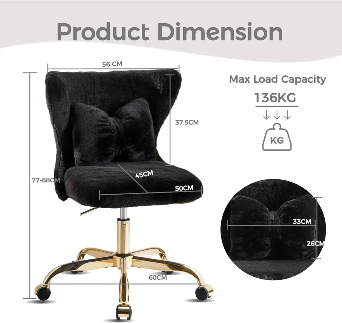 Vanity Chair with Wheels Bow Pillow Fluffy Desk - Image 3