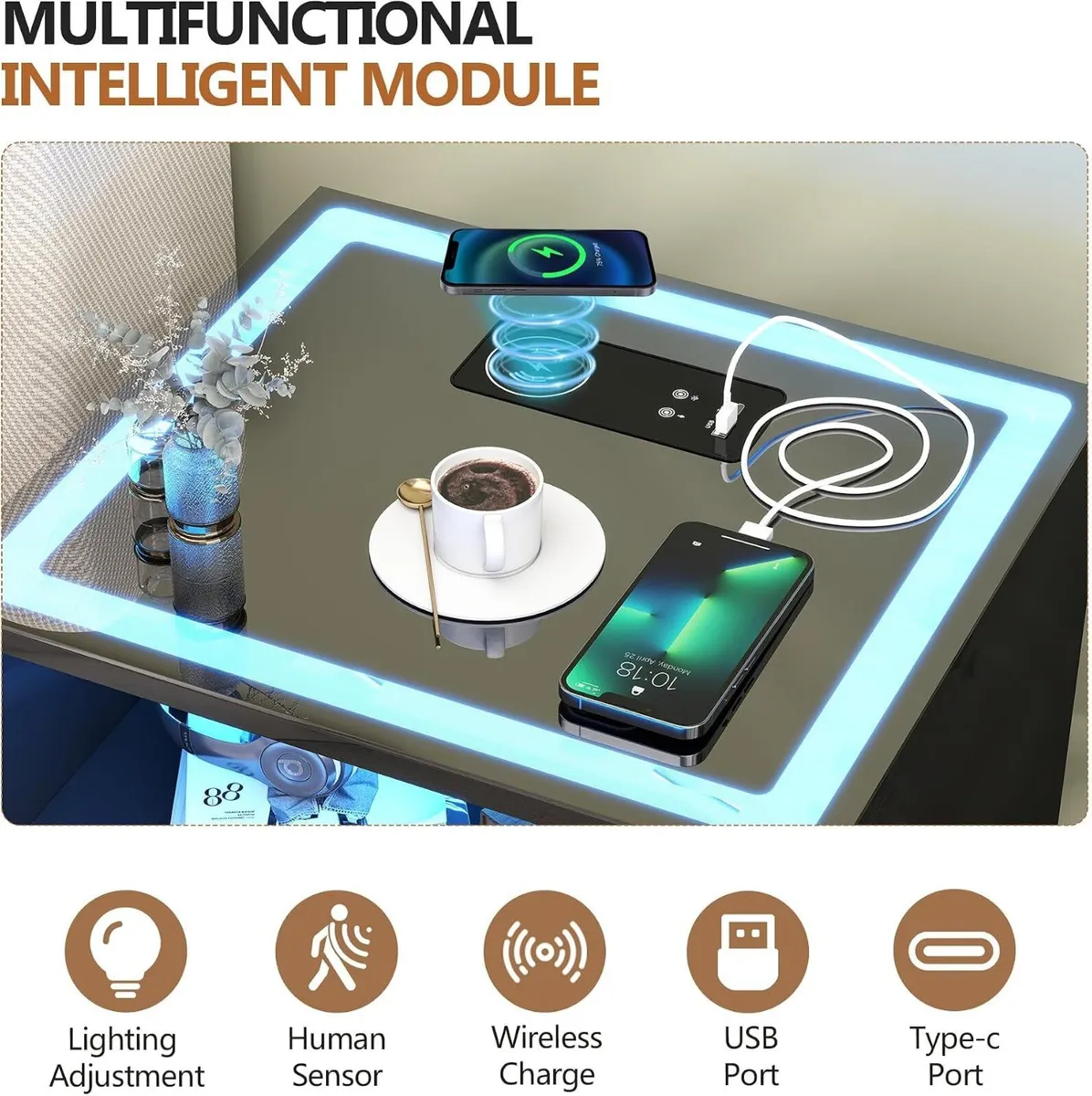 Bedside Table with Charging Station 3 Colour - Image 3