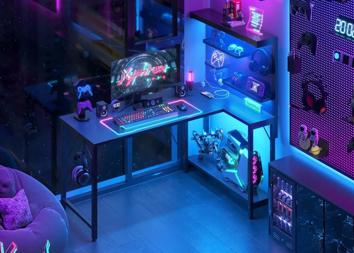 L Shaped Gaming Desk with Pegboard Hutch Shelves - Image 2