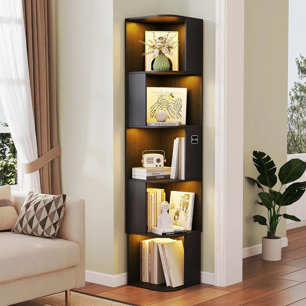 5-Tiers Corner Bookcase with 3 Colour Lights - Image 1
