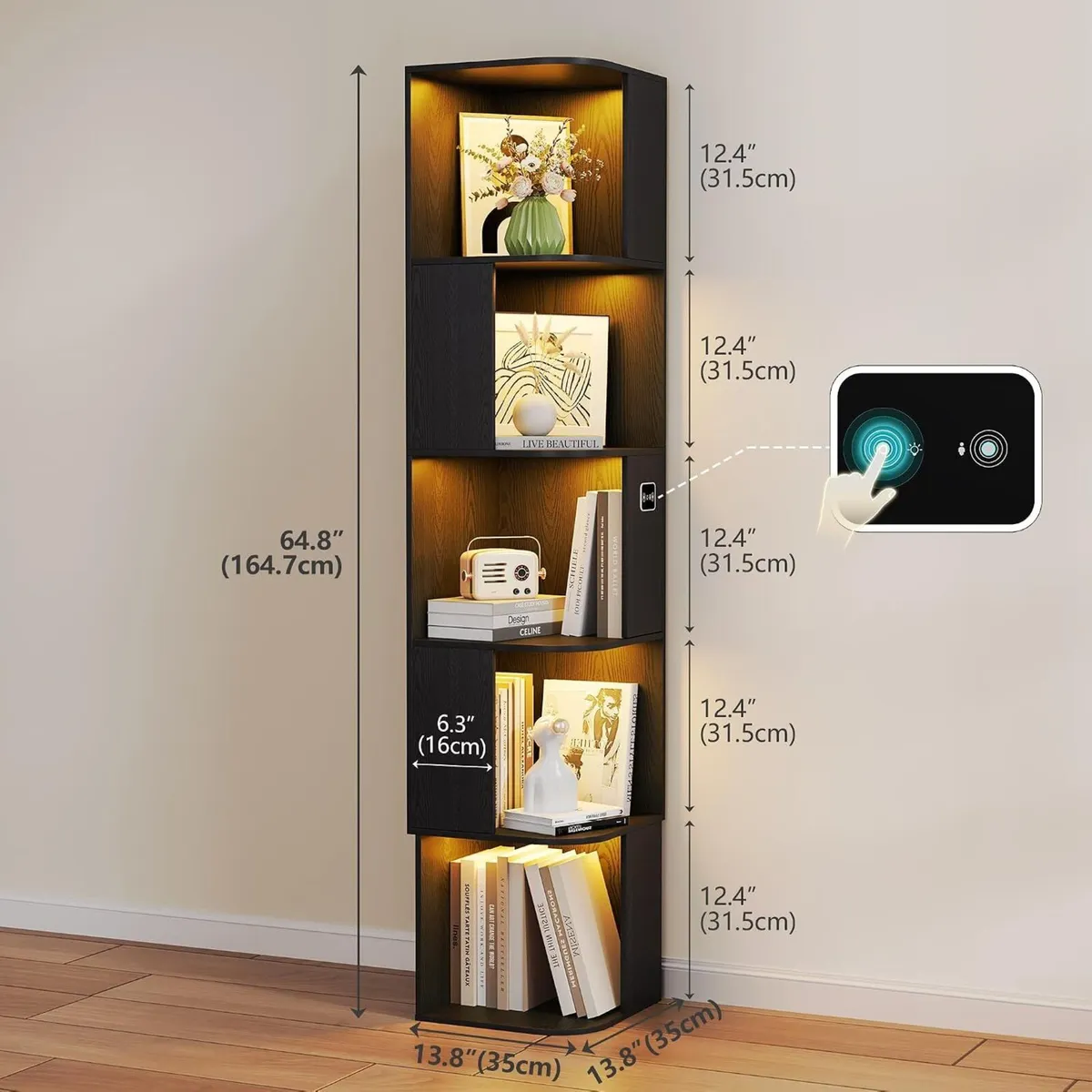 5-Tiers Corner Bookcase with 3 Colour Lights - Image 2