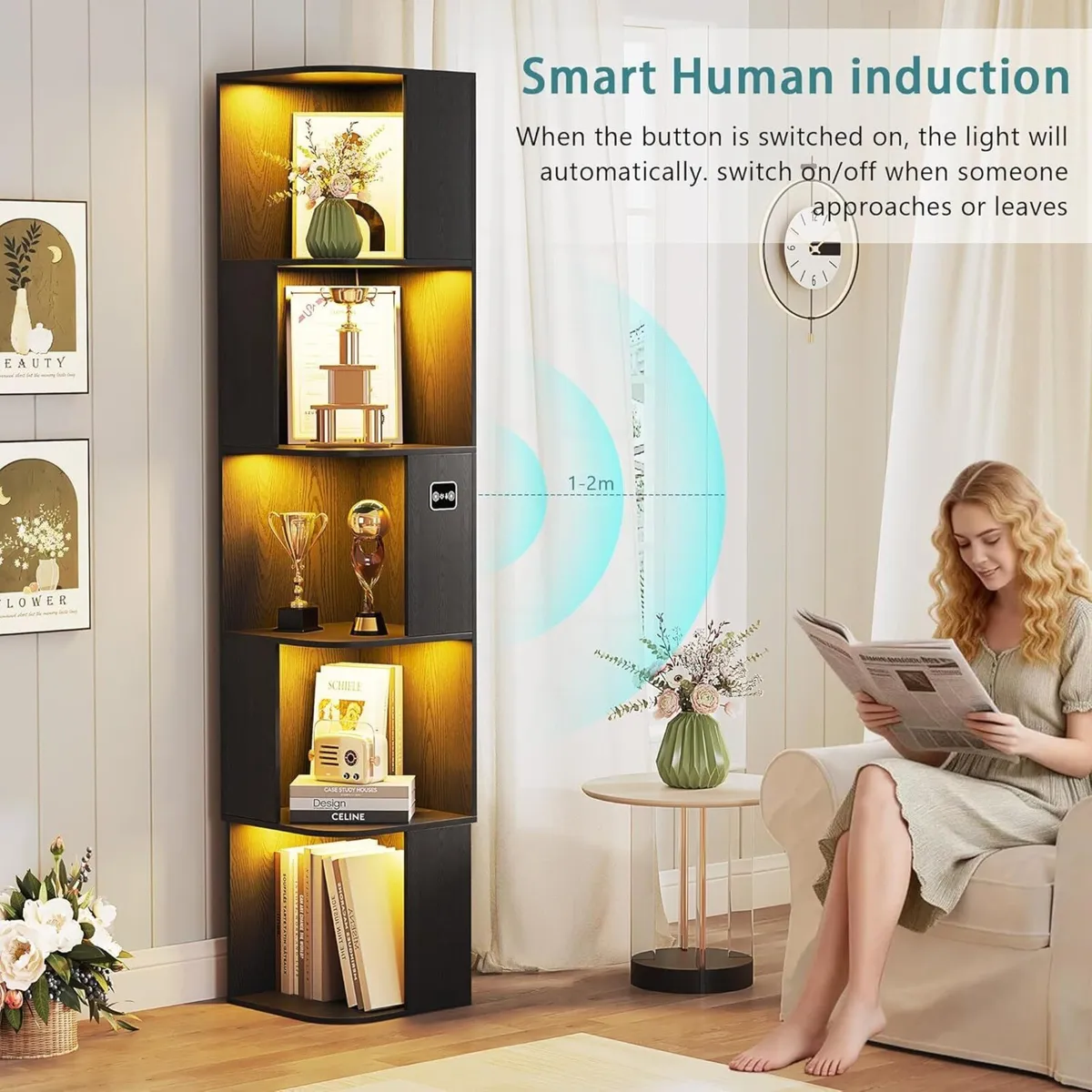 5-Tiers Corner Bookcase with 3 Colour Lights - Image 3
