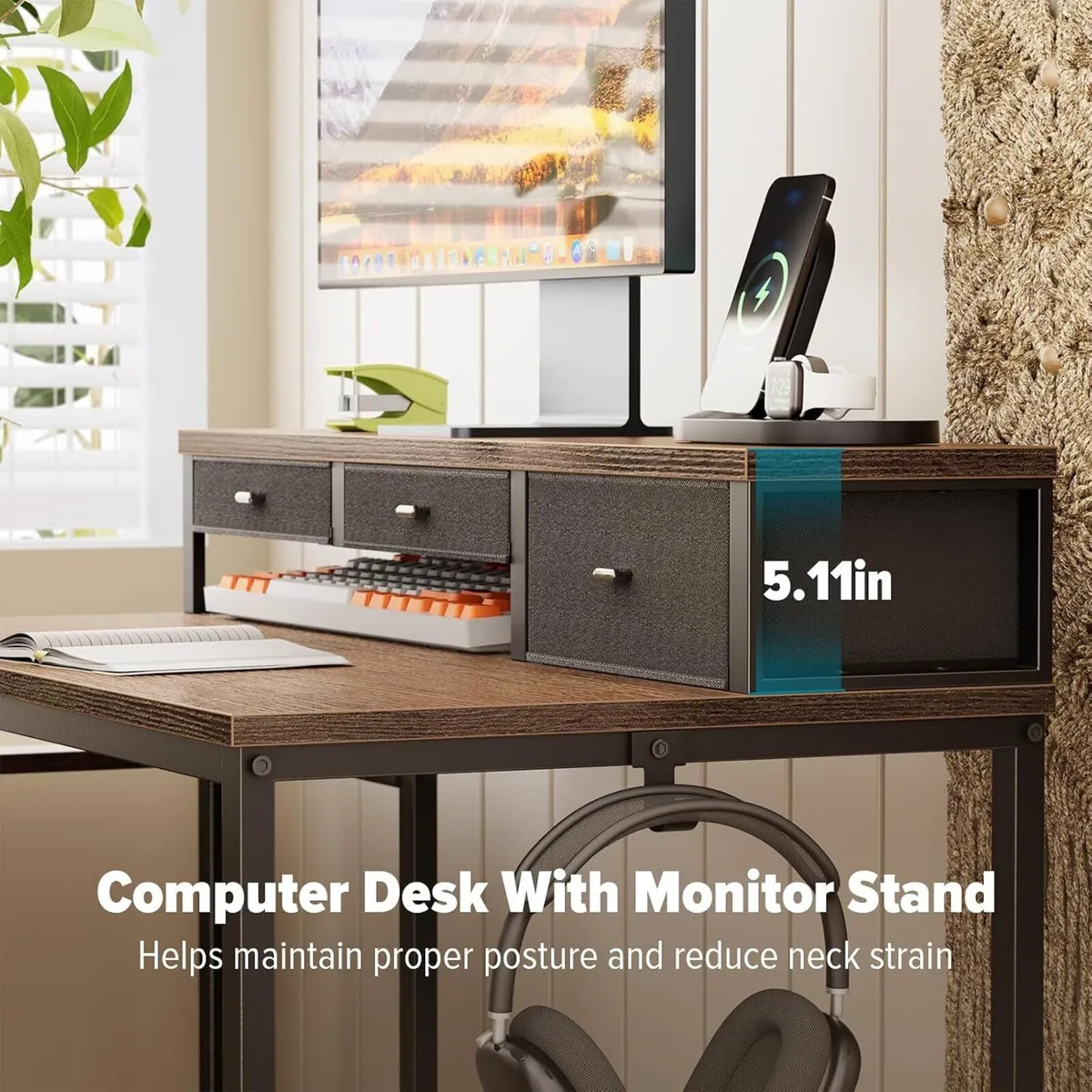 120CM Computer Desk with 3 Drawers Printer Shelf - Image 4
