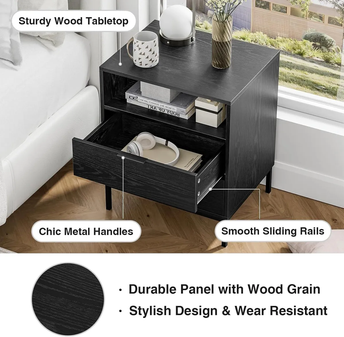 Bedside Table with 2 Drawers and Open Shelf - Image 3