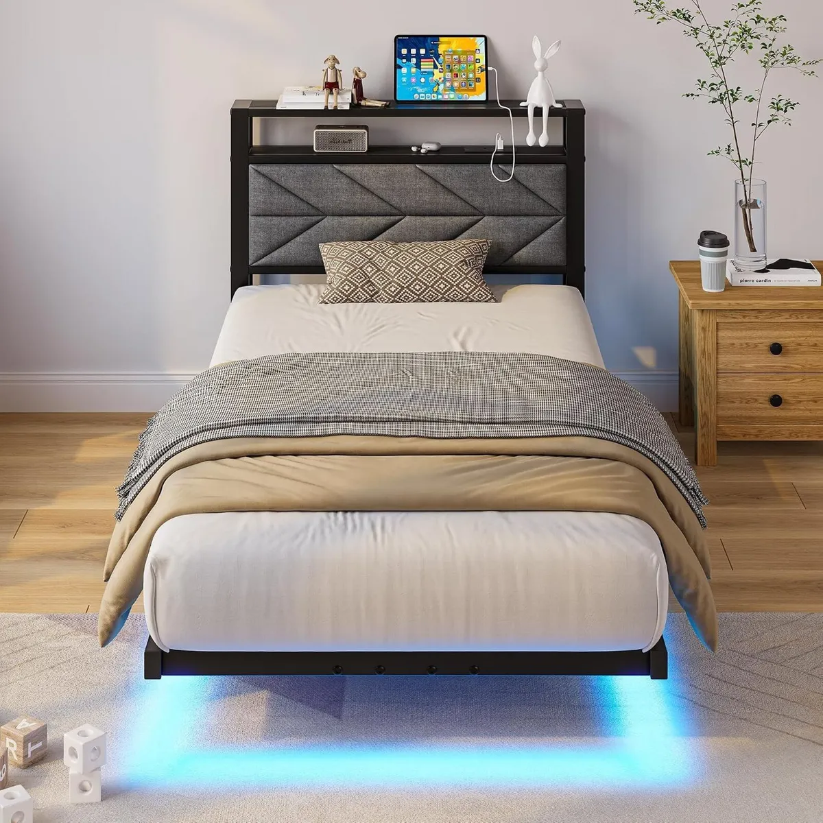 Floating Upholstered Bed Frame with Storage - Image 1