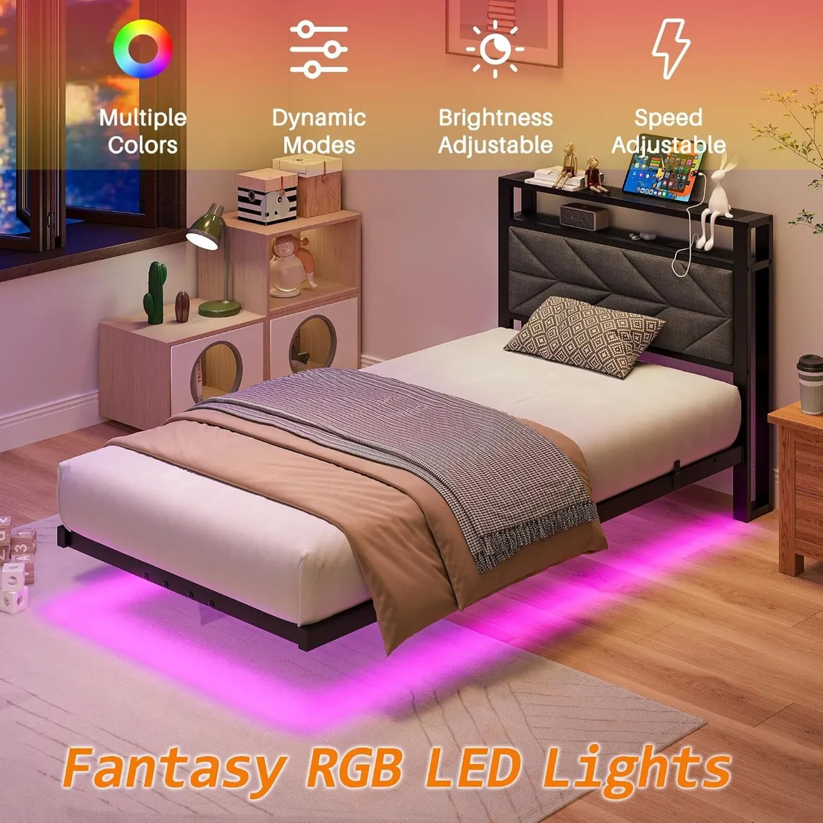 Floating Upholstered Bed Frame with Storage - Image 3