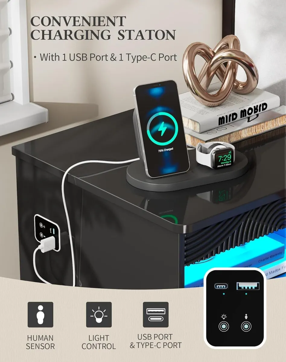 LED Bedside Table with Hidden Drawer for Bedroom - Image 4