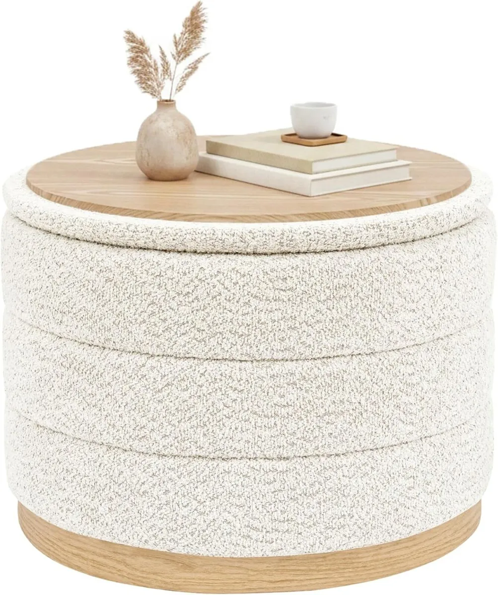 Round Chenille Storage Ottoman Coffee Table - Image 1