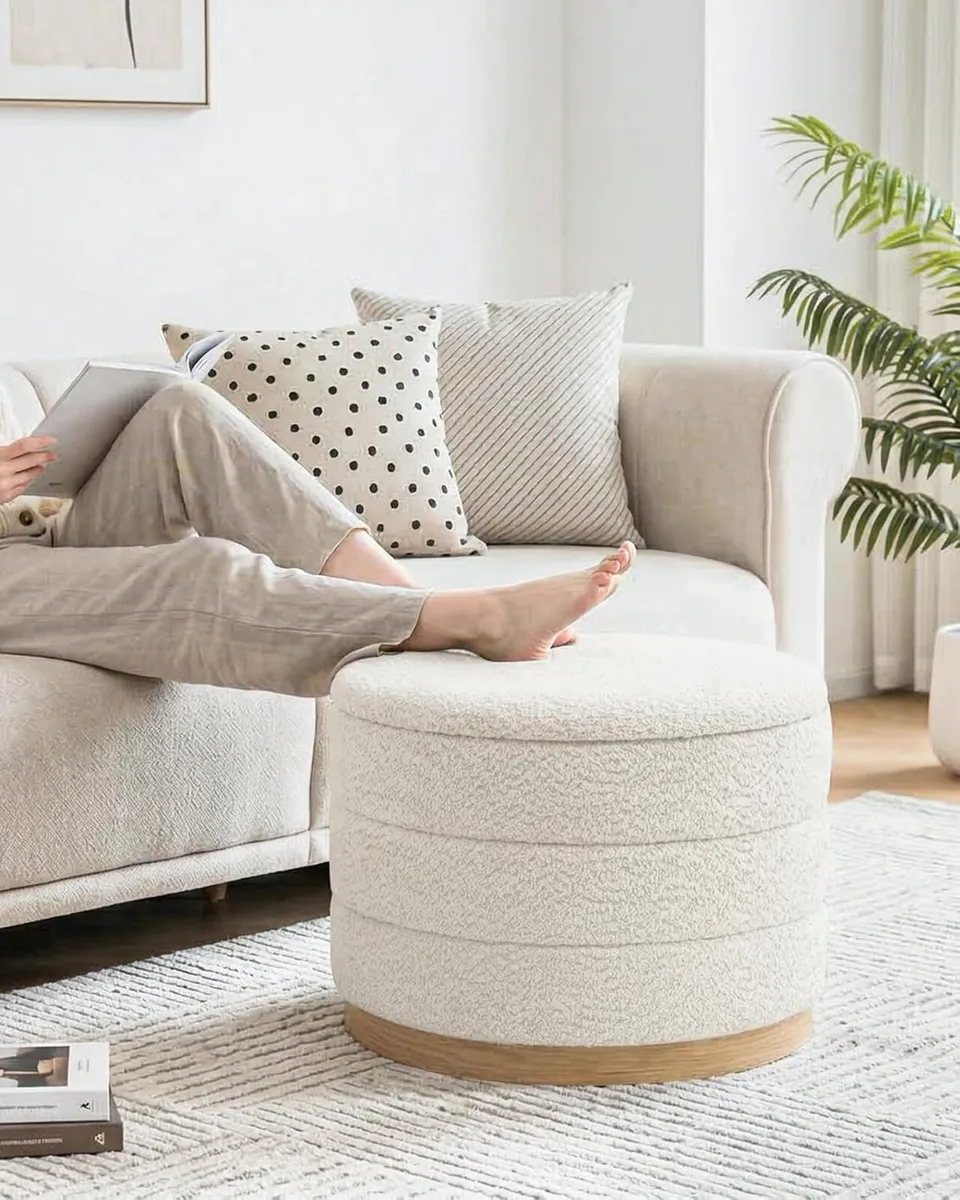 Round Chenille Storage Ottoman Coffee Table - Image 2