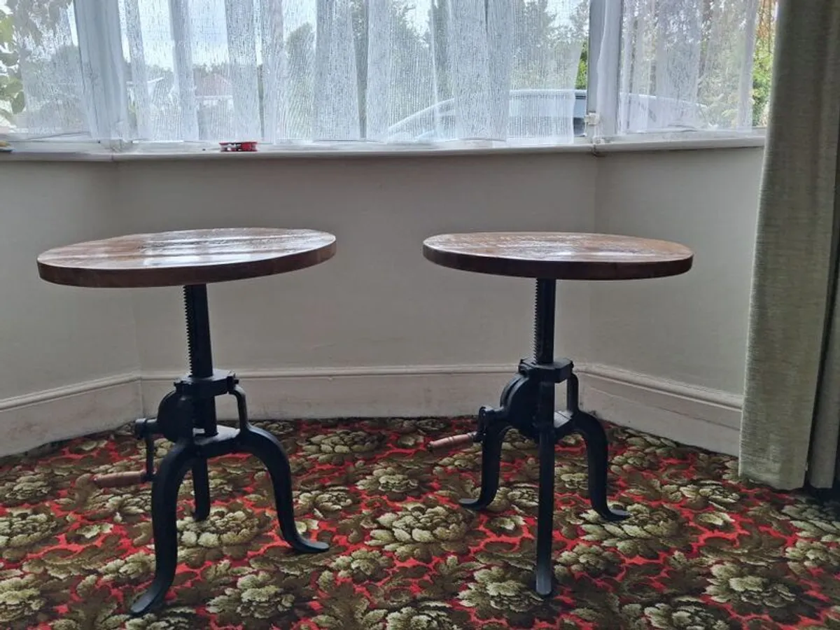 Pair of Industrial Cast Iron & Distressed Wood Crank Tables (Adjustable Height) - Image 1