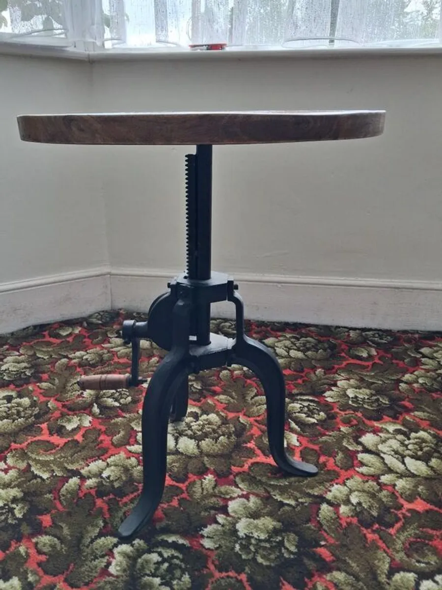 Pair of Industrial Cast Iron & Distressed Wood Crank Tables (Adjustable Height) - Image 2