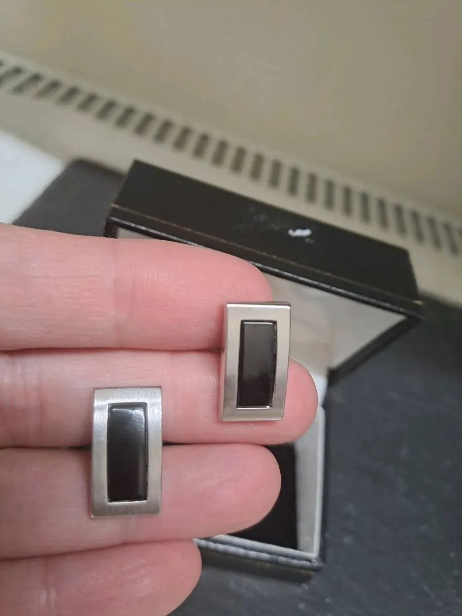 Men's Silver Tone & Black Cufflinks - Image 2