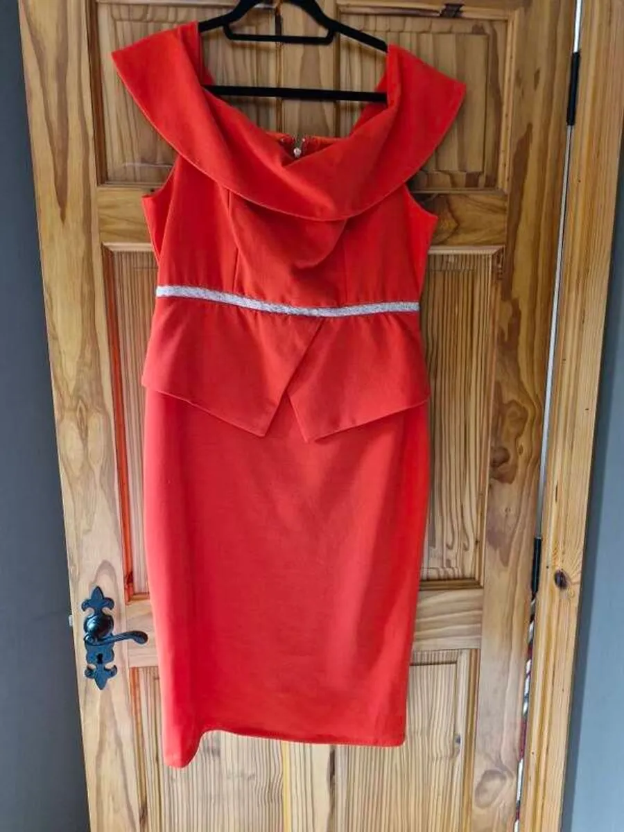 Orange Belted Peplum Bardot Dress - Image 2