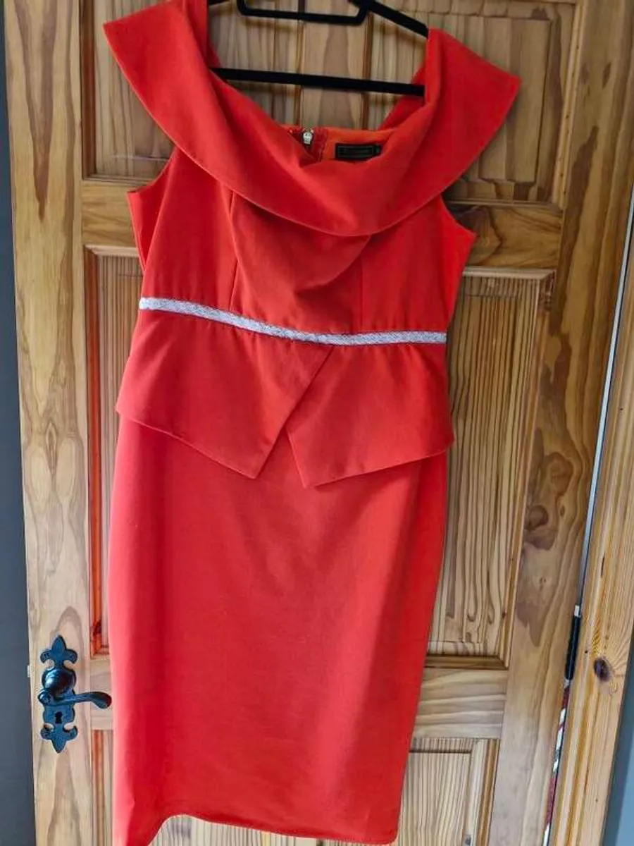 Orange Belted Peplum Bardot Dress - Image 3