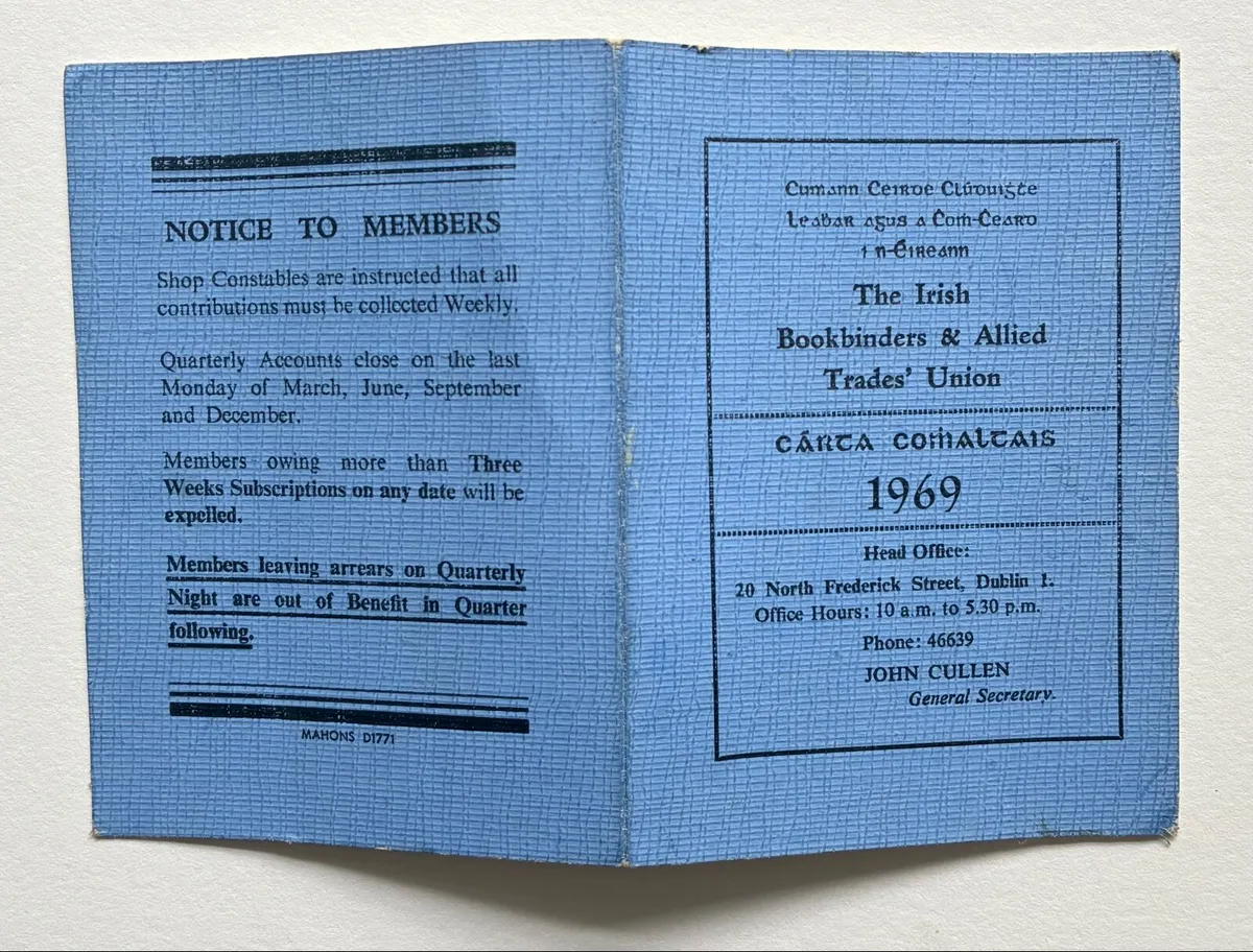 1969 Irish Bookbinders & Allied Trades Union Card - Image 2