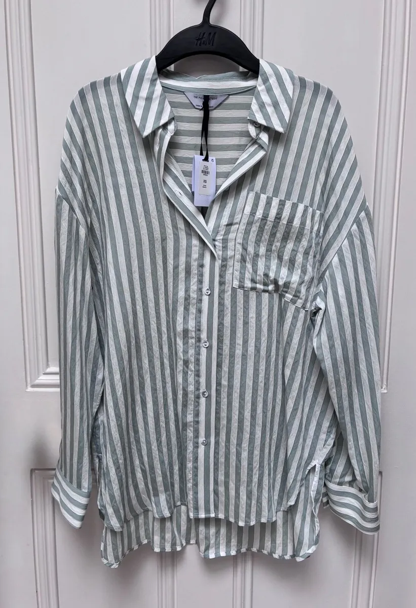 New Oversized shirt in sage and white vertical str - Image 1
