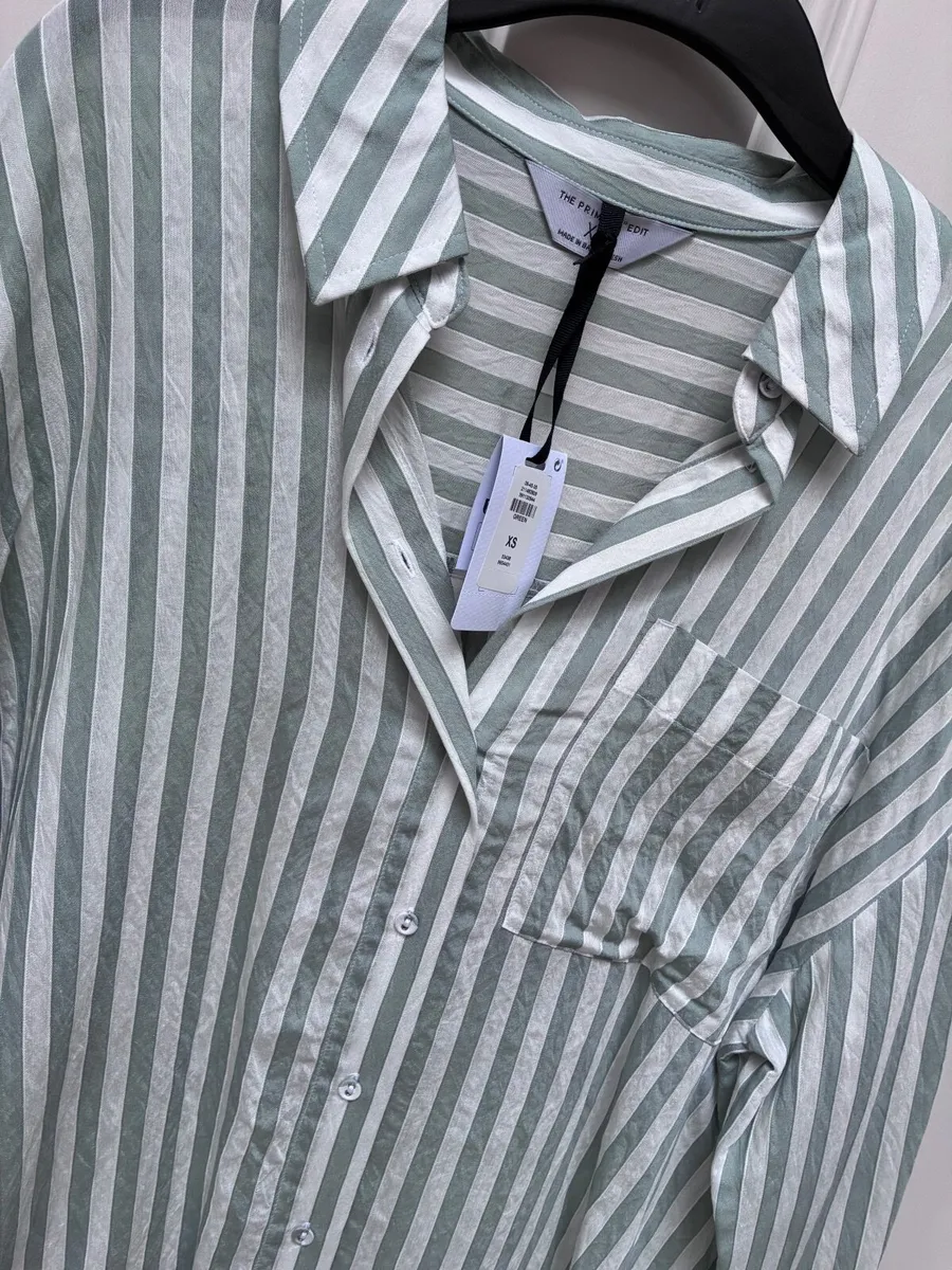 New Oversized shirt in sage and white vertical str - Image 2