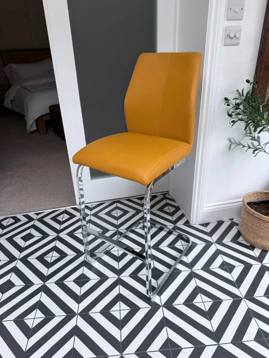 Set of 3 Yellow Leatherette Bar Stools - Image 1