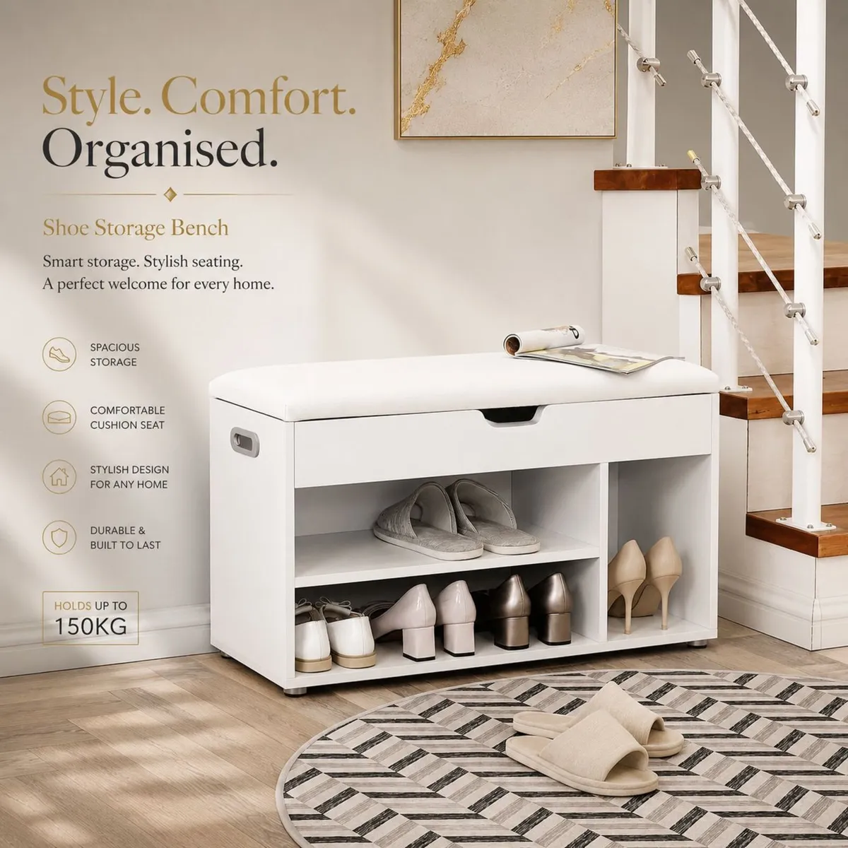 White or Vintage Brown  Padded Shoe Bench - Image 2