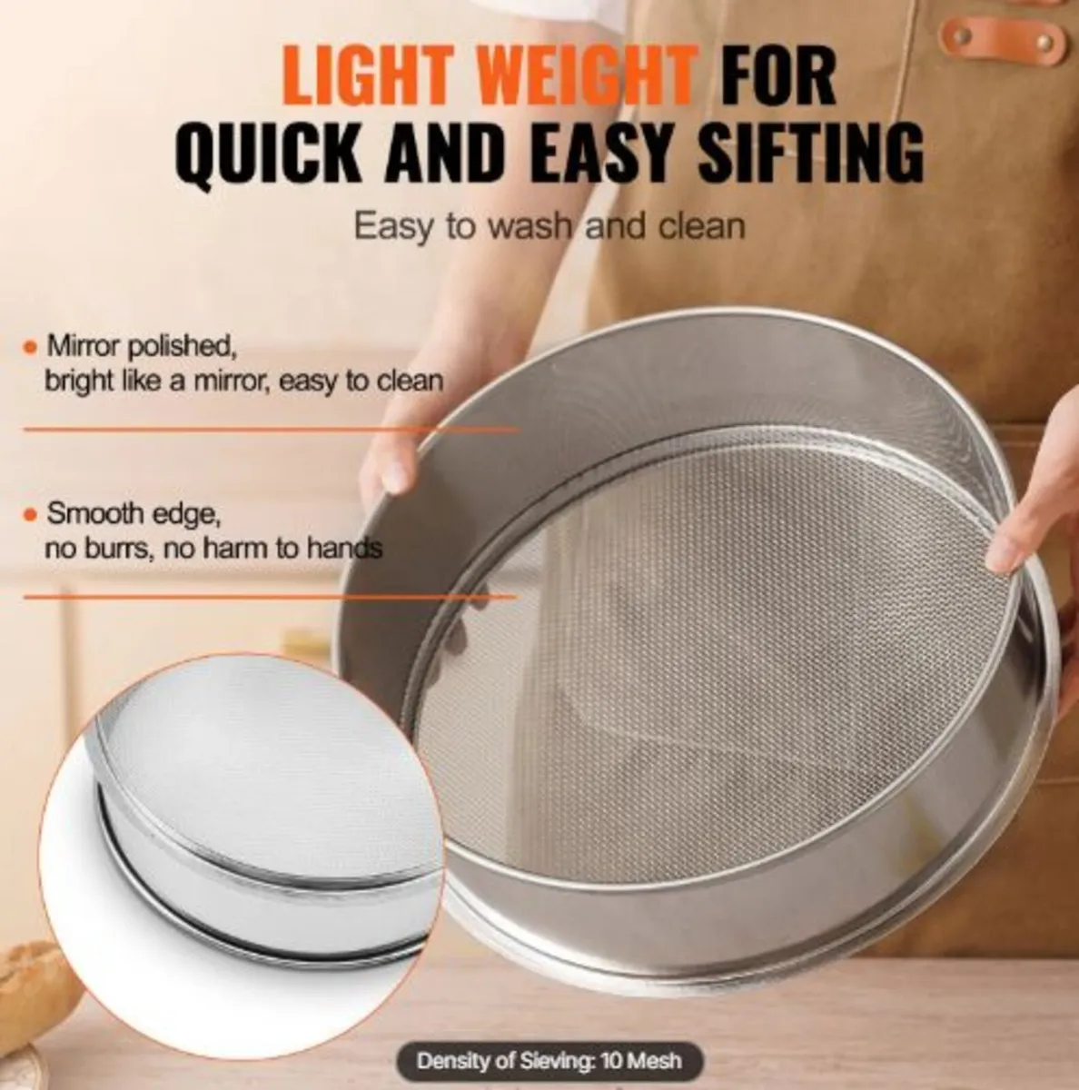 Flour Sieve Fine Mesh, 10 Mesh Flour Sifter, 304 - Image 2