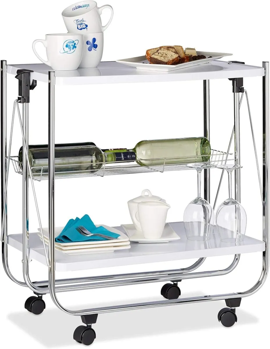 Foldable Serving Trolley 4 Wheels 2 Shelves Basket - Image 1