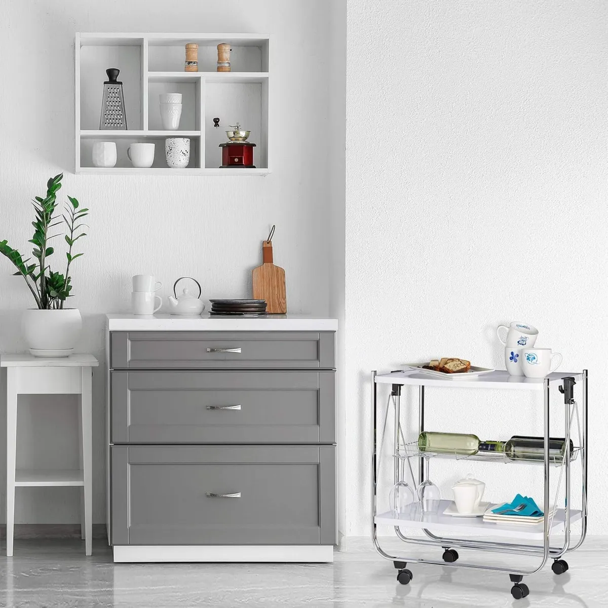 Foldable Serving Trolley 4 Wheels 2 Shelves Basket - Image 2