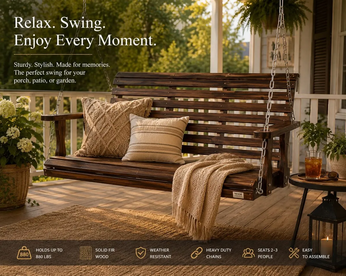 Wooden Porch Swing 4.5 ft, Patio bench swing for C - Image 1