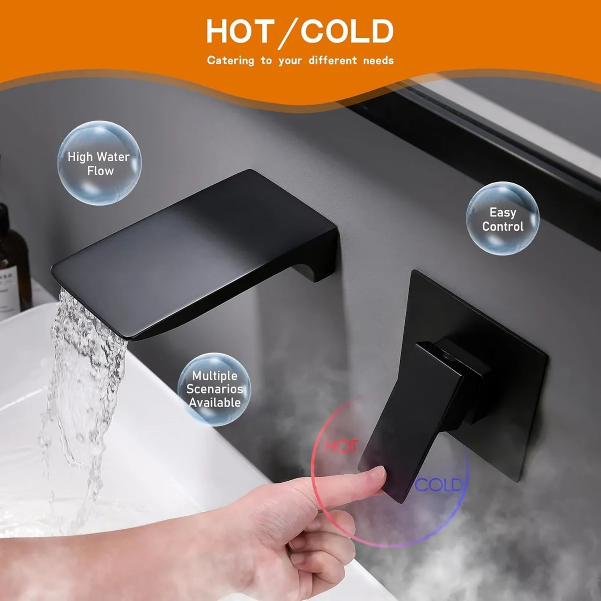 Wall Mounted Bath Taps Waterfall Spout Bathroom - Image 4