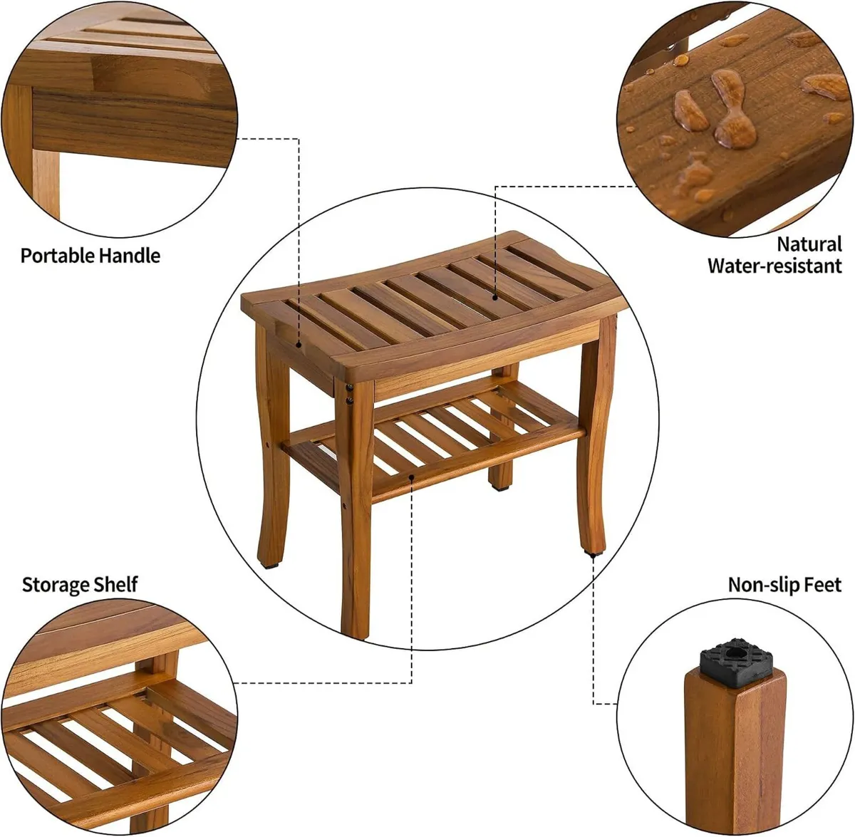 Teak Shower Bench Spa Stool with Storage Shelf - Image 4