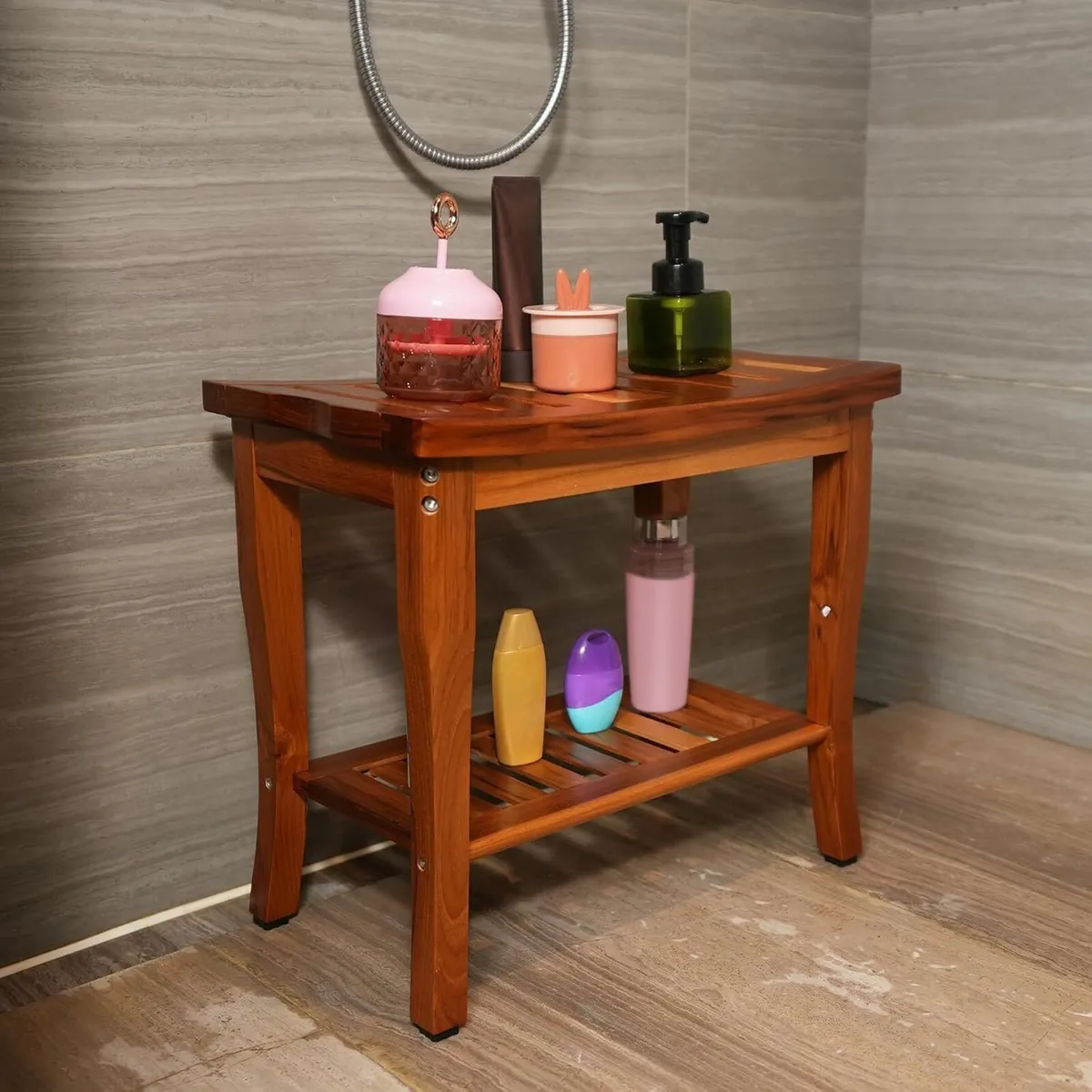 Teak Shower Bench Spa Stool with Storage Shelf - Image 2