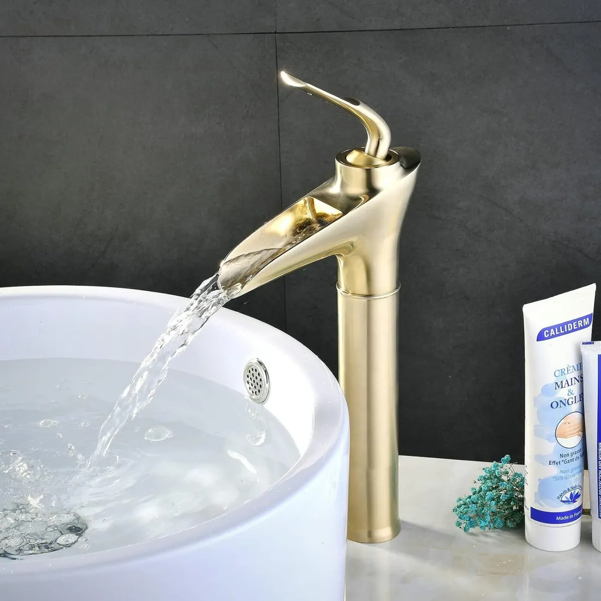Brushed Brass Waterfall Tall Sink Mixer Tap Single - Image 1