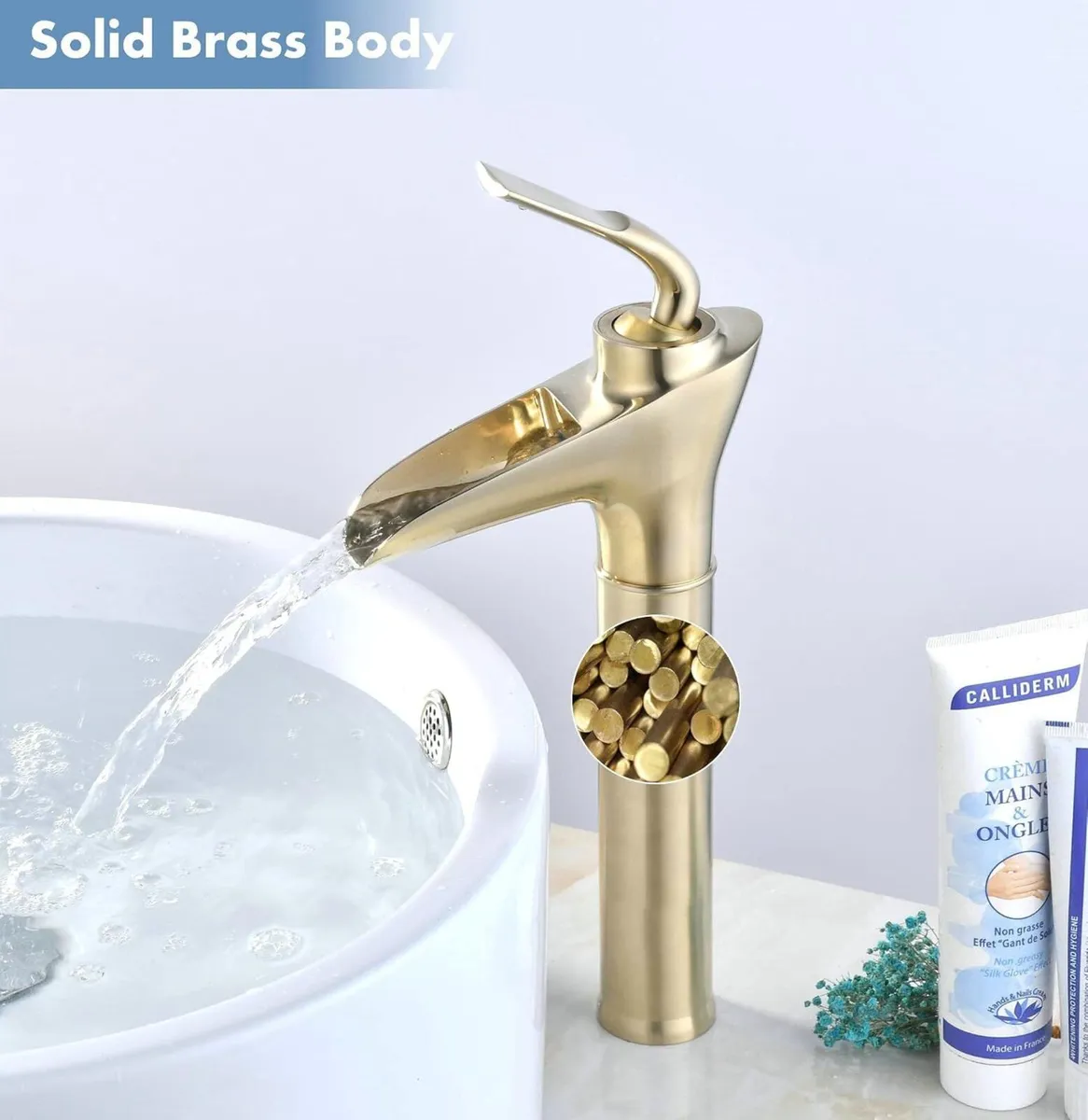Brushed Brass Waterfall Tall Sink Mixer Tap Single - Image 3
