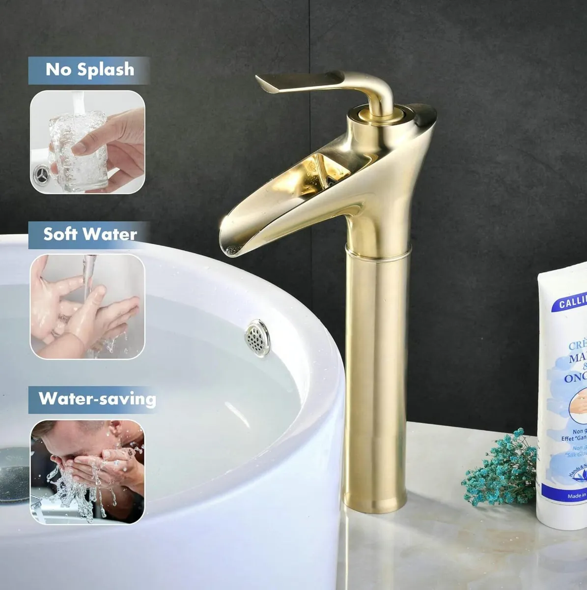 Brushed Brass Waterfall Tall Sink Mixer Tap Single - Image 4