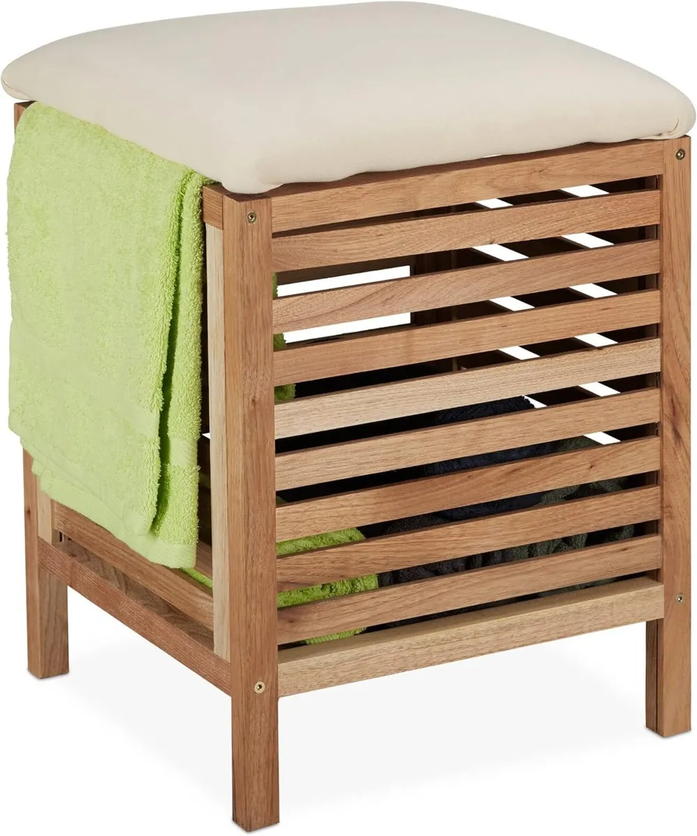 Storage Stool Walnut Fabric 35L Laundry Basket - Image 1